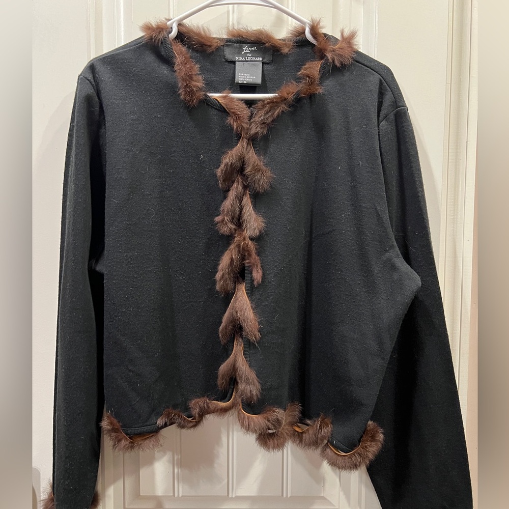Lennie by Nina Leonard Black Faux Fur Trim Cardigan Sweater Sz XL